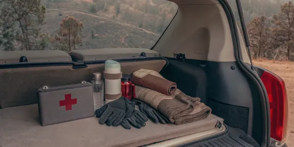 Wildfire car kit in open trunk.